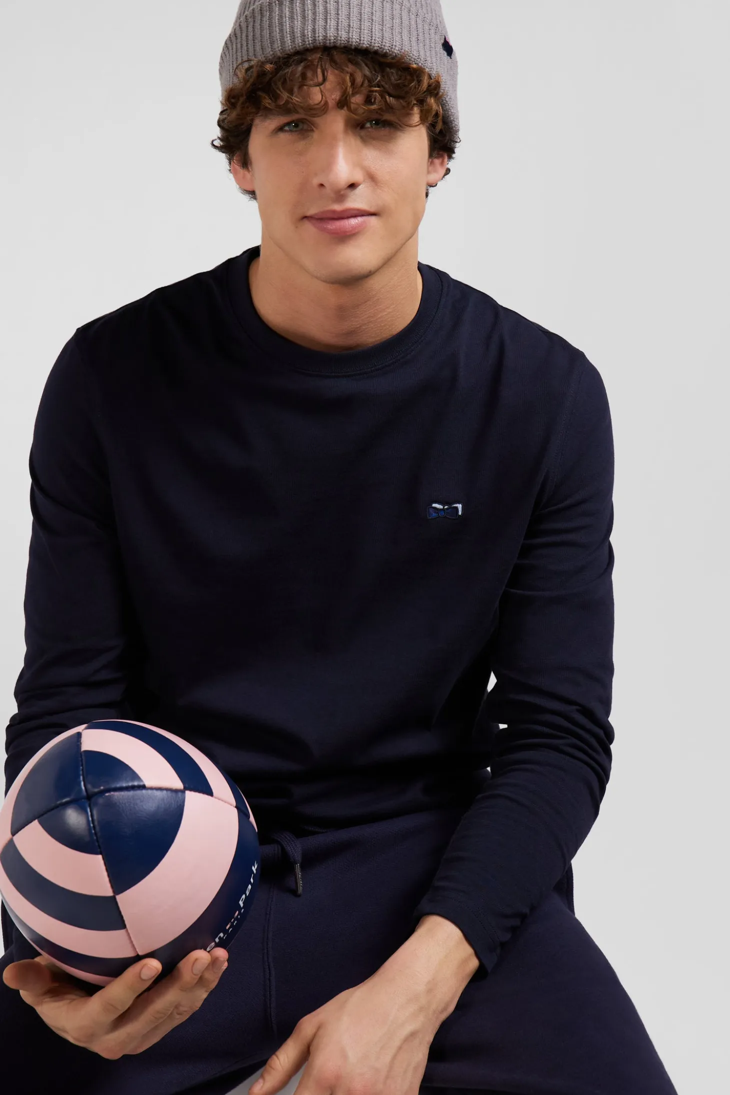 Regular navy long-sleeved cotton T-shirt with striped bow tie embroidery