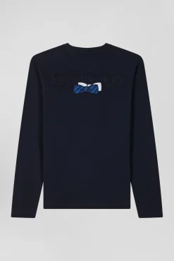 Regular navy long-sleeved cotton T-shirt with striped bow tie embroidery