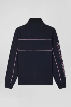 Regular navy long-sleeved cotton rugby shirt with pink piping and Eden Park embroidery