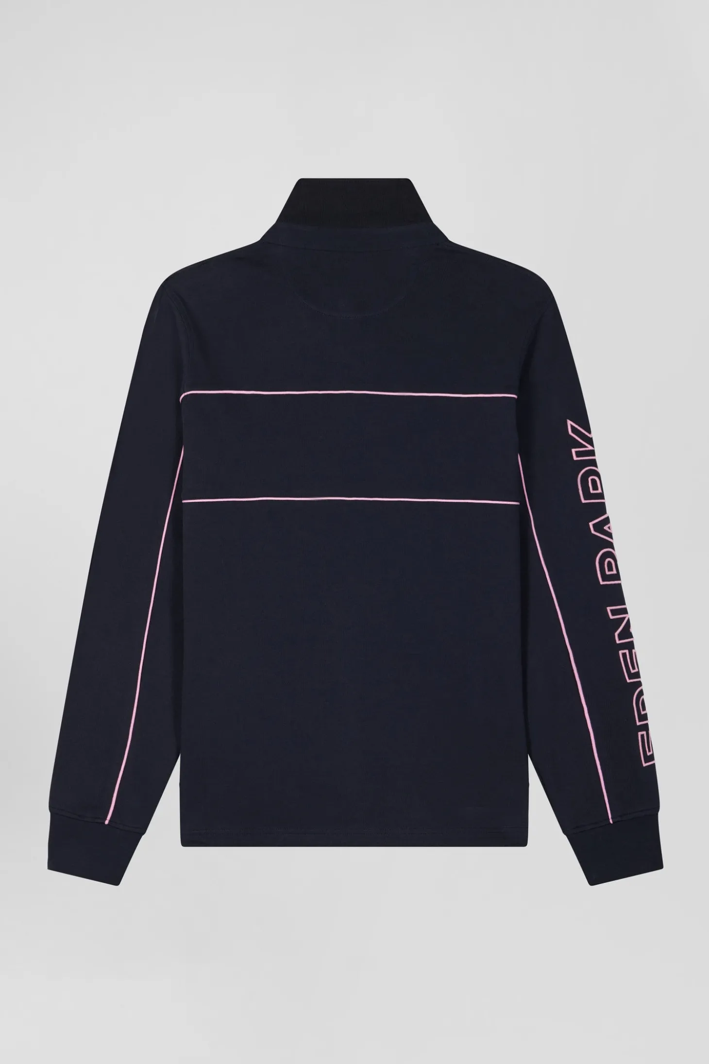 Regular navy long-sleeved cotton rugby shirt with pink piping and Eden Park embroidery