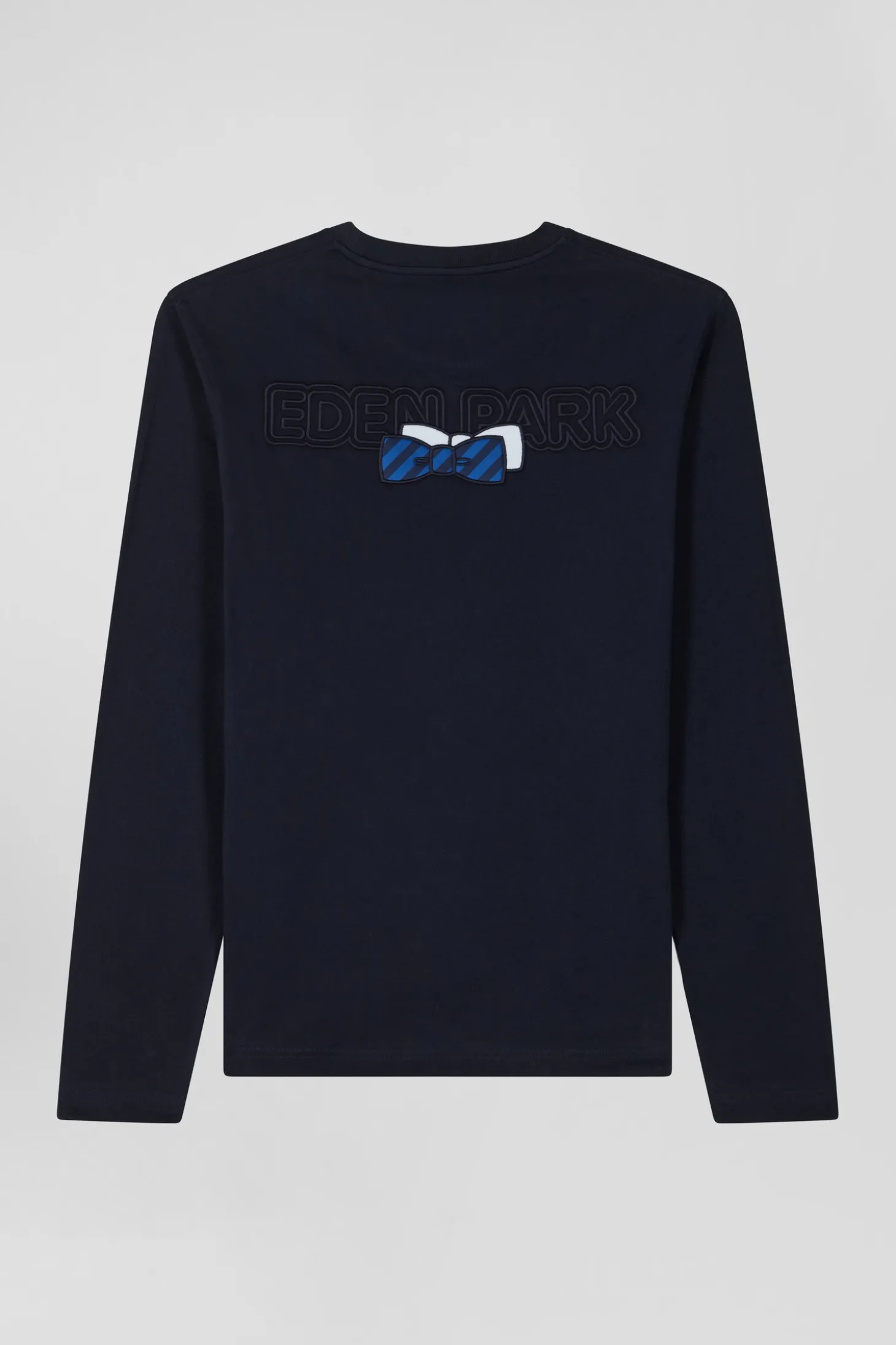 Regular navy long-sleeved cotton T-shirt with striped bow tie embroidery