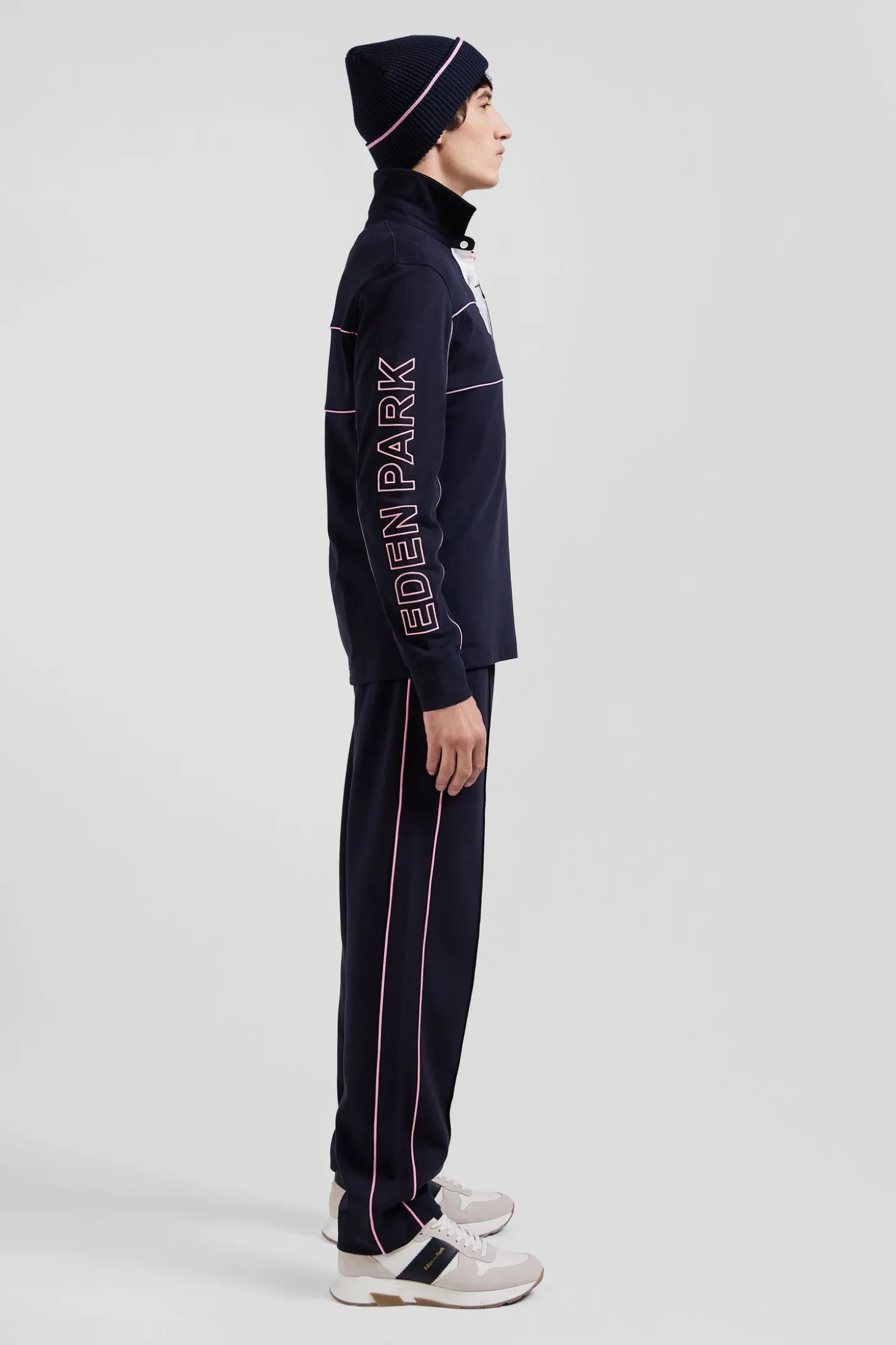 Regular navy long-sleeved cotton rugby shirt with pink piping and Eden Park embroidery