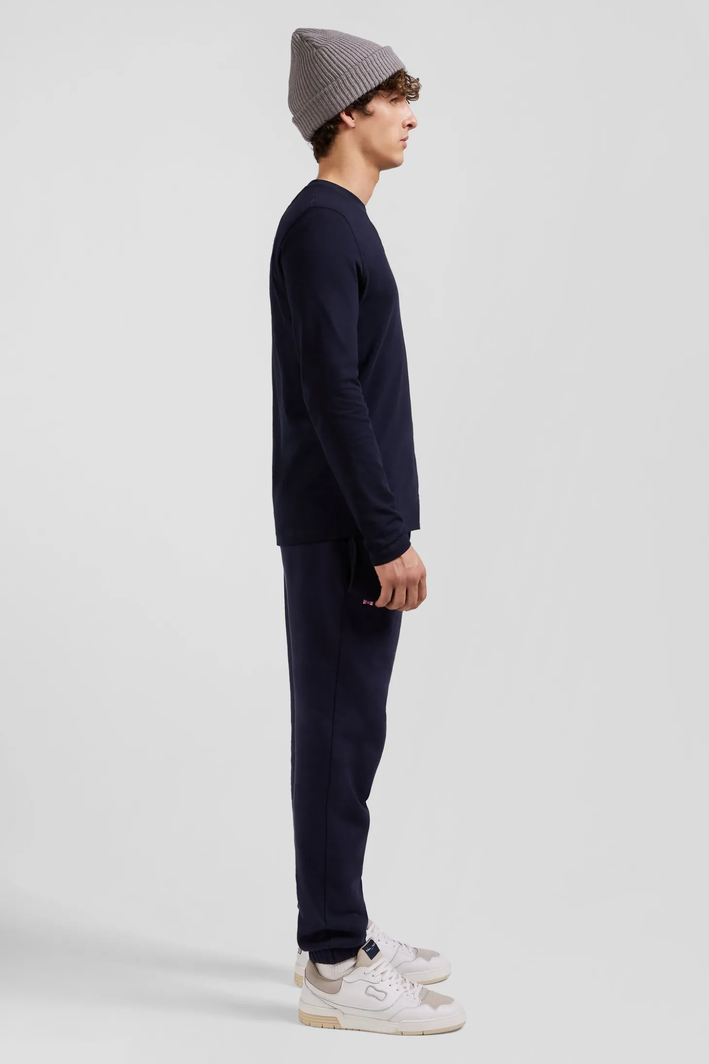 Regular navy long-sleeved cotton T-shirt with striped bow tie embroidery