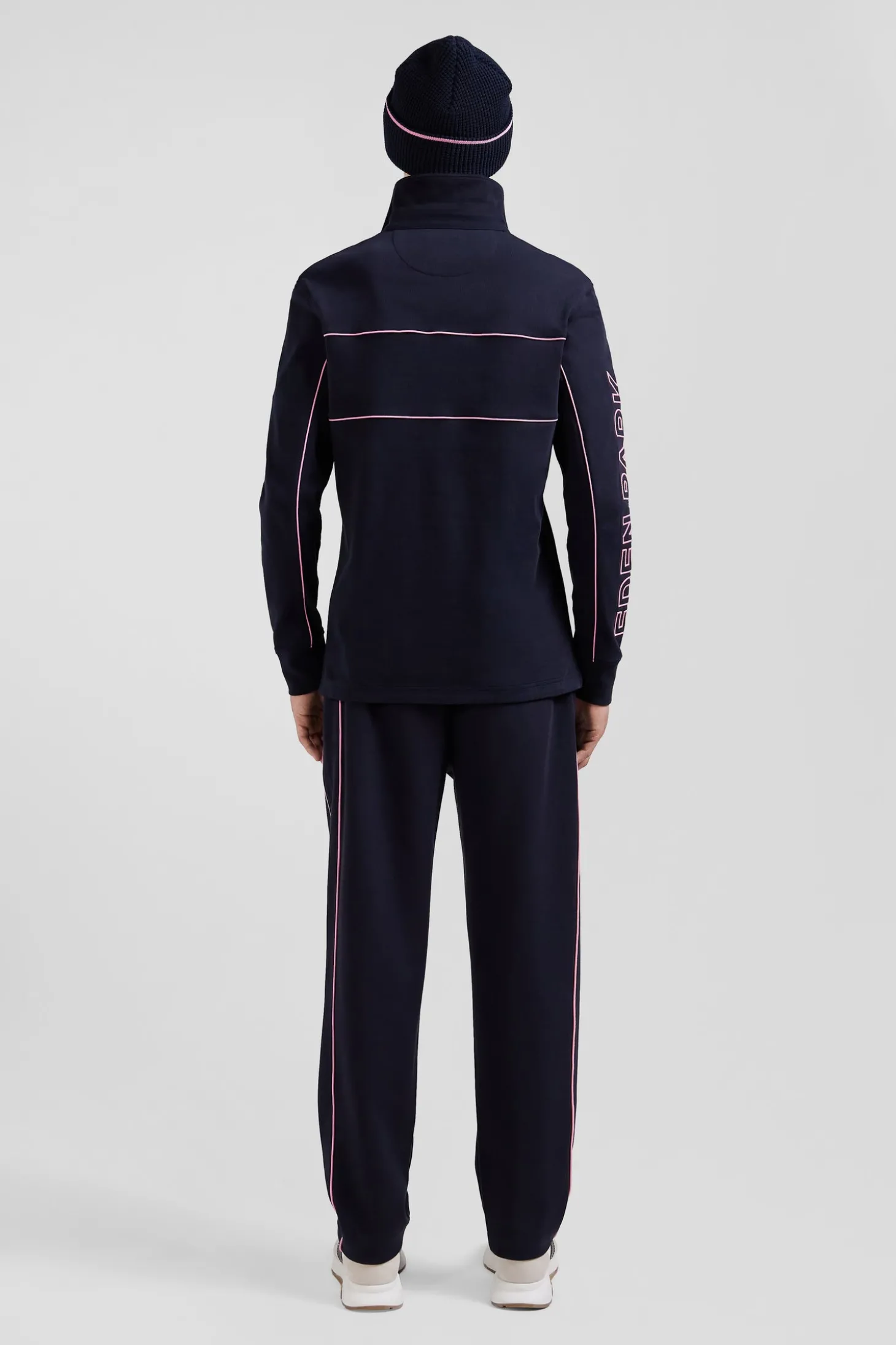 Regular navy long-sleeved cotton rugby shirt with pink piping and Eden Park embroidery