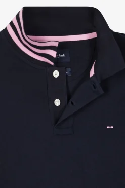 Regular navy long-sleeved cotton piqué polo shirt