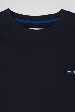 Regular navy long-sleeved cotton T-shirt with striped bow tie embroidery