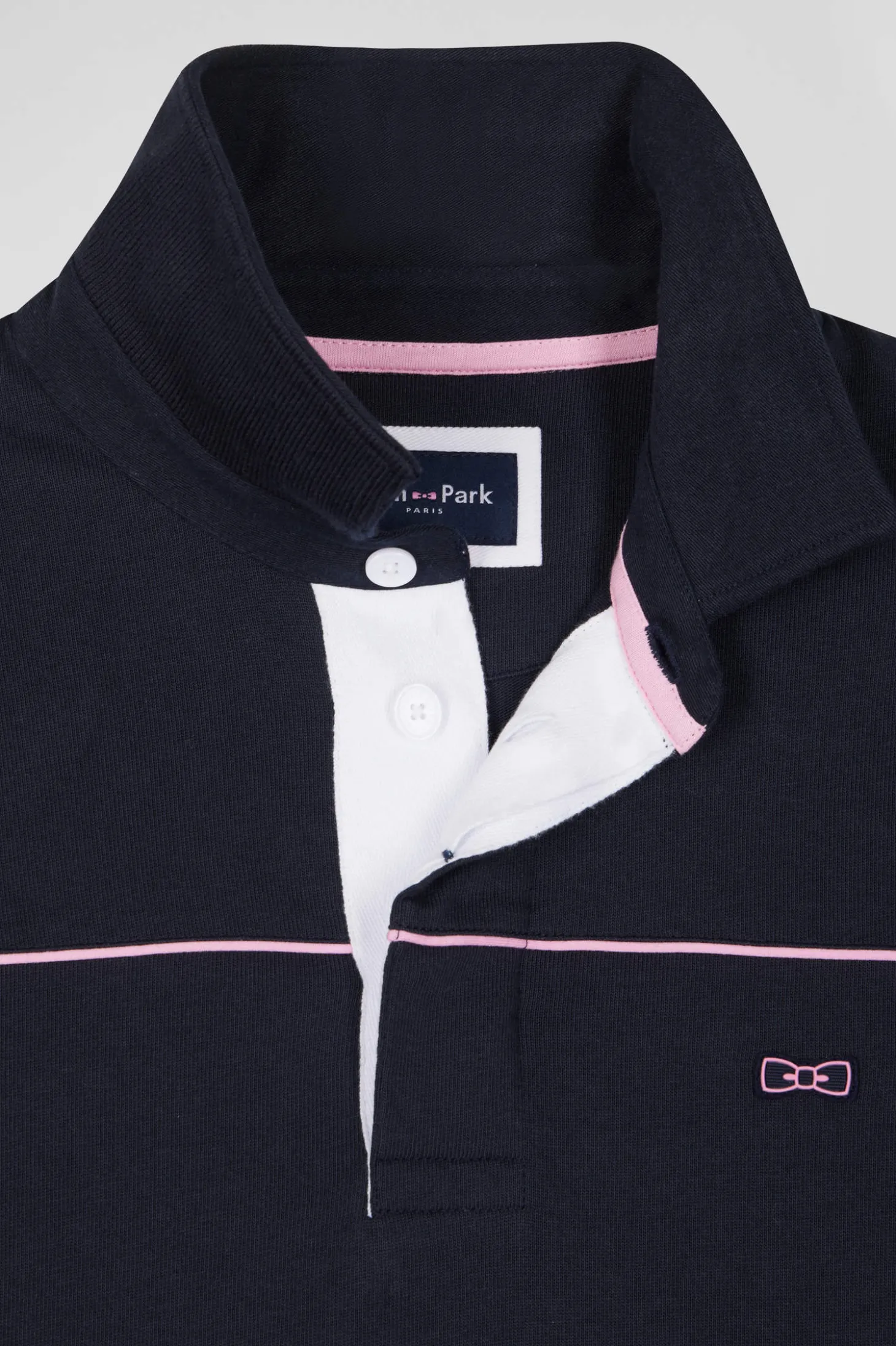 Regular navy long-sleeved cotton rugby shirt with pink piping and Eden Park embroidery