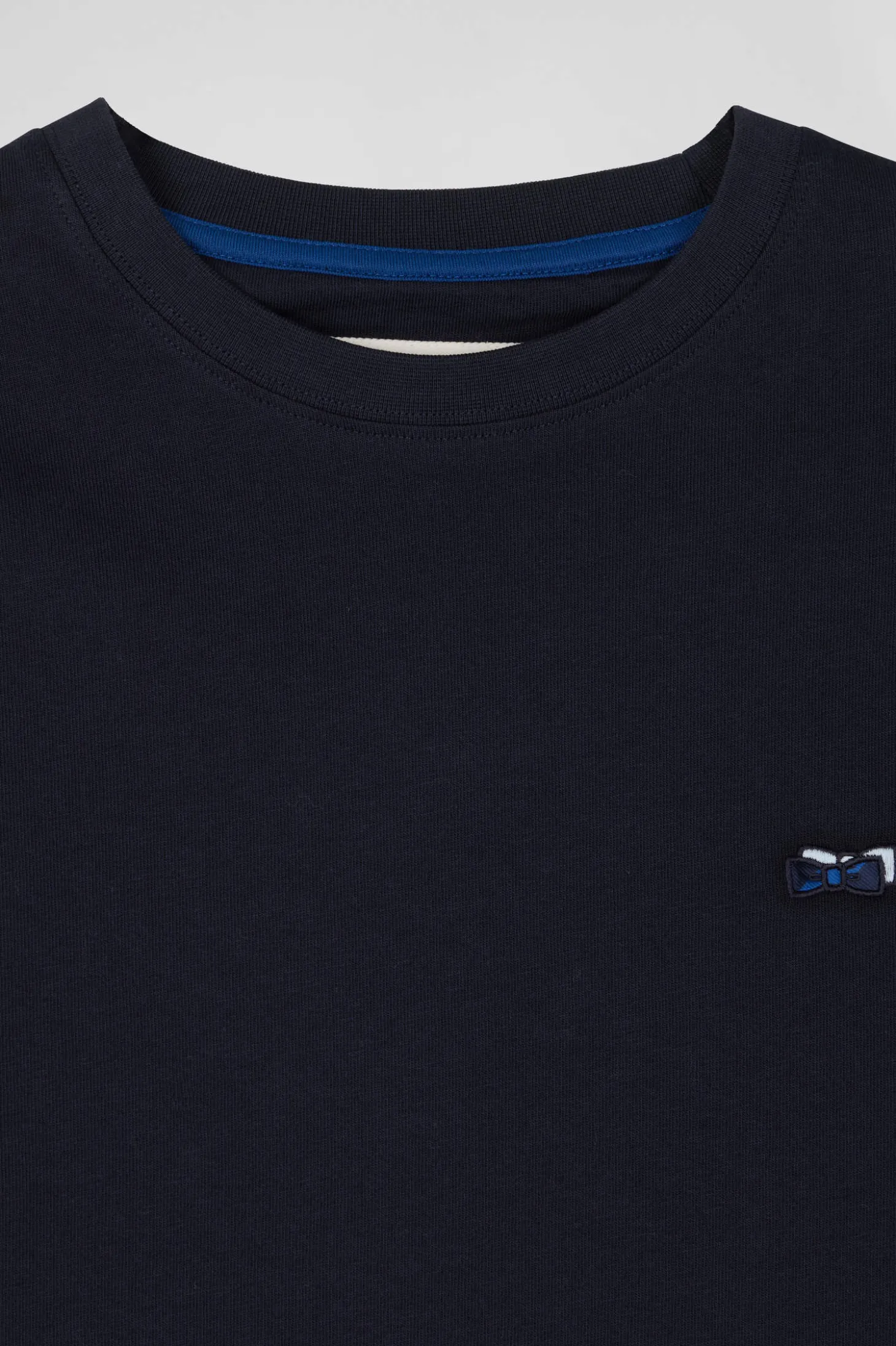 Regular navy long-sleeved cotton T-shirt with striped bow tie embroidery