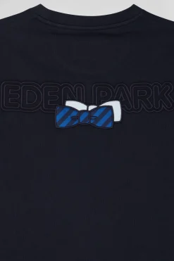 Regular navy long-sleeved cotton T-shirt with striped bow tie embroidery