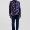 Regular navy Pima cotton poplin shirt with floral print