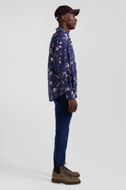 Regular navy Pima cotton poplin shirt with floral print