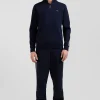 Regular navy semi-zipped cotton jumper with jacquard details