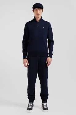 Regular navy semi-zipped cotton jumper with jacquard details
