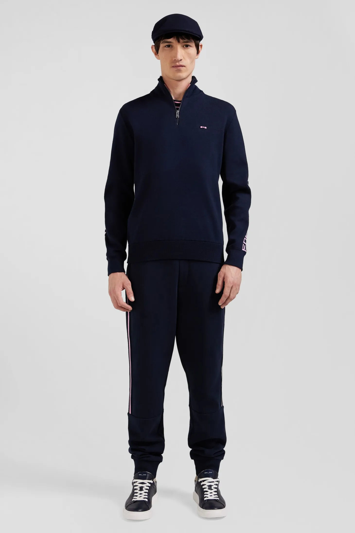 Regular navy semi-zipped cotton jumper with jacquard details