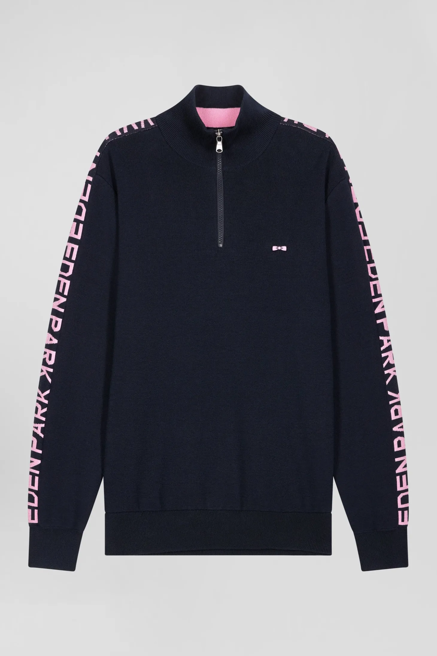 Regular navy semi-zipped cotton jumper with jacquard details