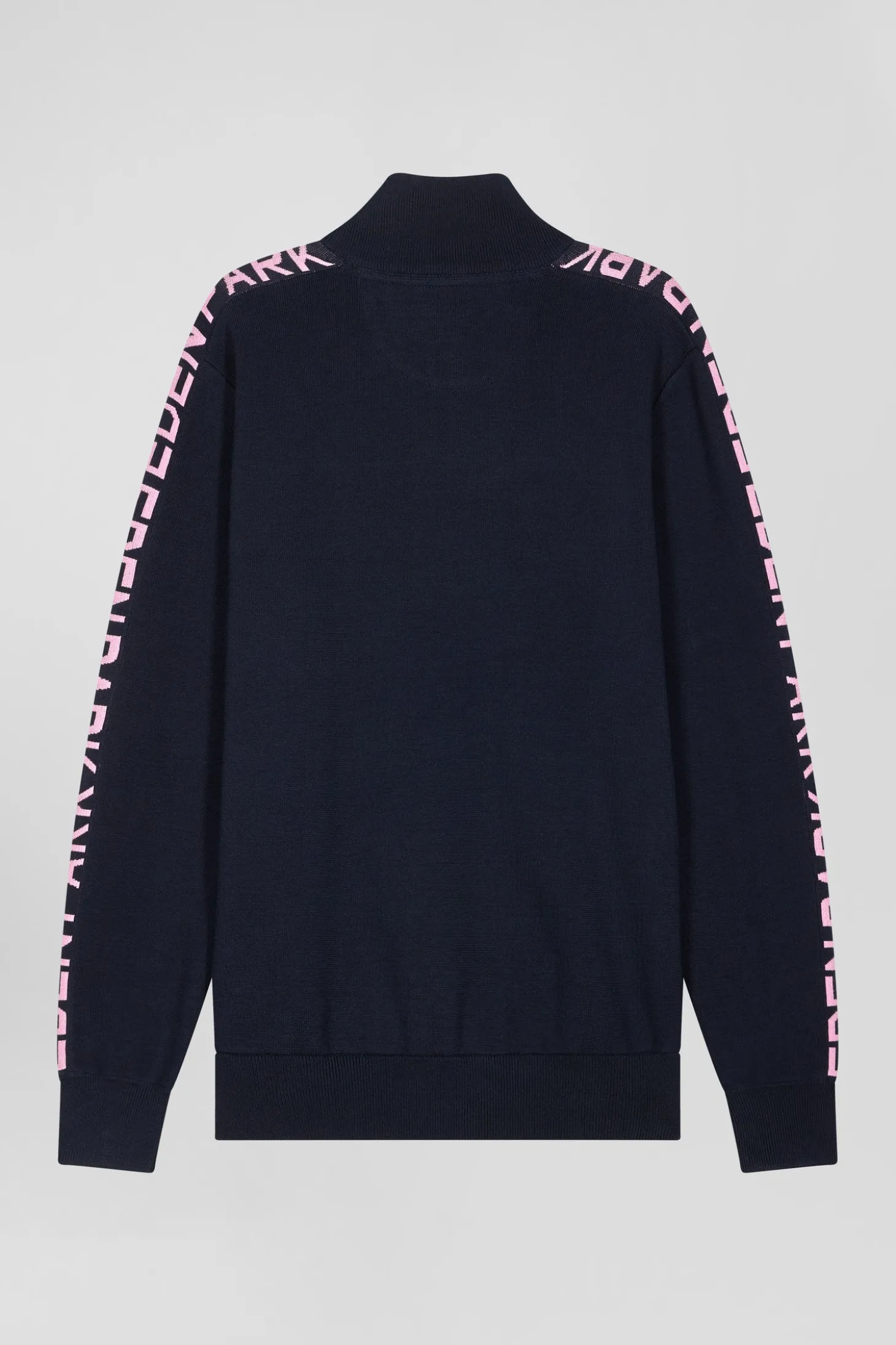 Regular navy semi-zipped cotton jumper with jacquard details