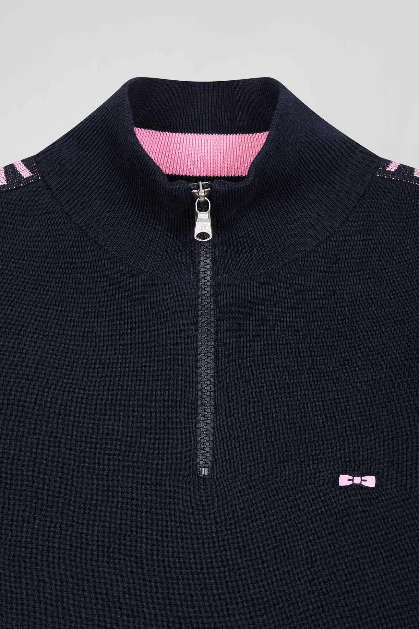 Regular navy semi-zipped cotton jumper with jacquard details