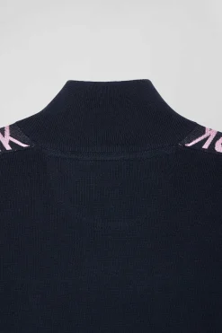 Regular navy semi-zipped cotton jumper with jacquard details