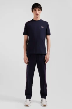 Regular navy short-sleeved cotton T-shirt with pink piping