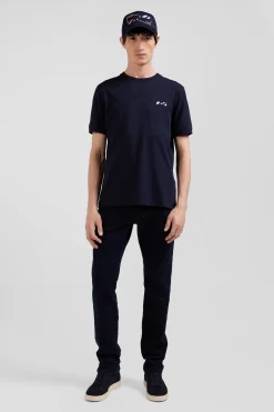 Regular navy short-sleeved cotton T-shirt with striped embroidery