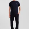 Regular navy short-sleeved cotton T-shirt with back emblem embroidery