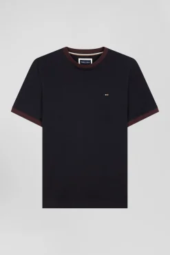Regular navy short-sleeved cotton T-shirt with back embroidery