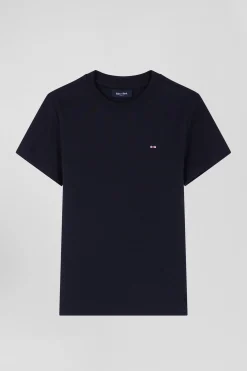 Regular navy short-sleeved cotton T-shirt with bow tie embroidery