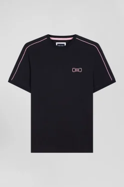 Regular navy short-sleeved cotton T-shirt with pink piping