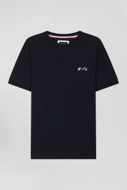 Regular navy short-sleeved cotton T-shirt with striped embroidery