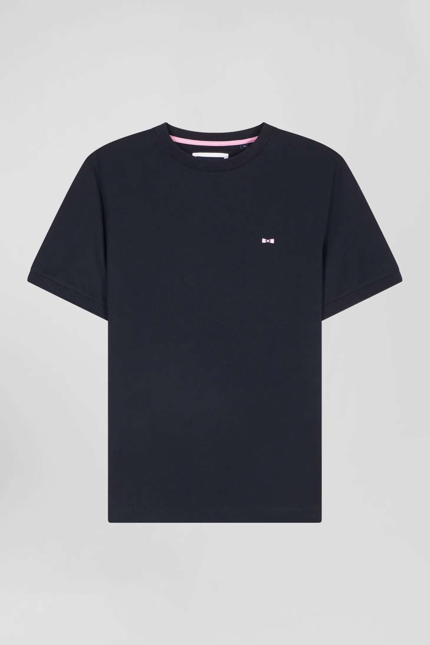 Regular navy short-sleeved cotton T-shirt with back emblem embroidery