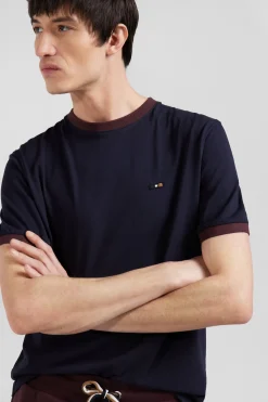 Regular navy short-sleeved cotton T-shirt with back embroidery