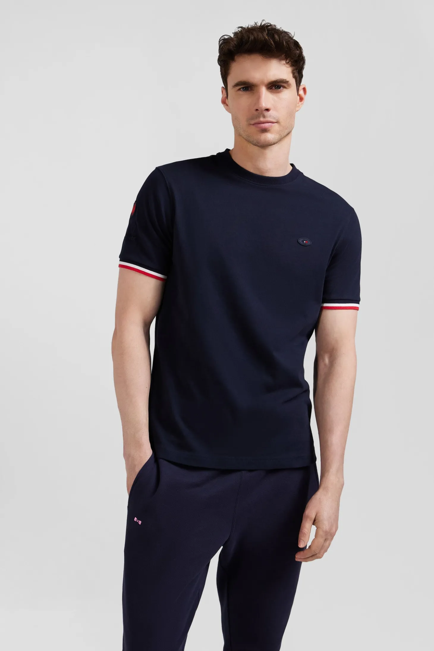 Regular navy short-sleeved cotton T-shirt with tricolor XV de France embroidery