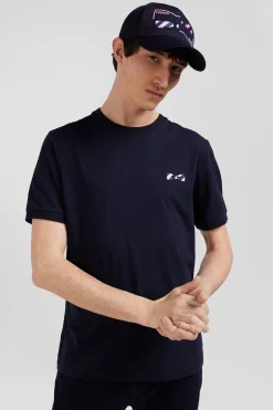Regular navy short-sleeved cotton T-shirt with striped embroidery