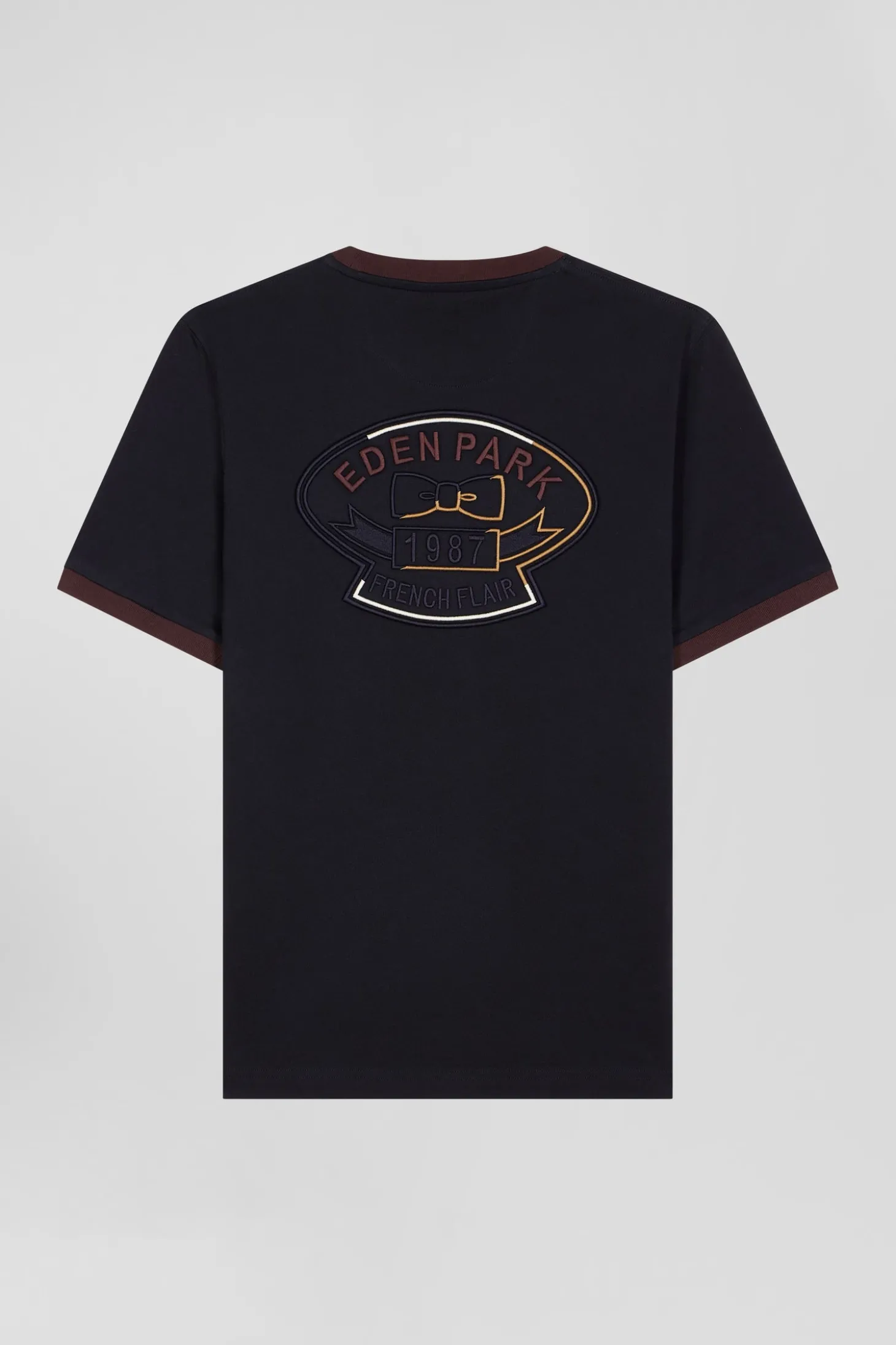 Regular navy short-sleeved cotton T-shirt with back embroidery