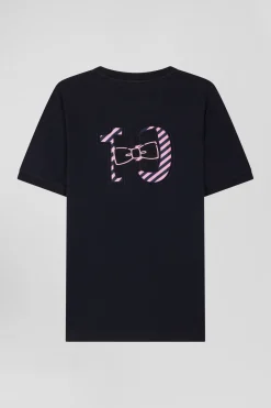 Regular navy short-sleeved cotton T-shirt with striped embroidery