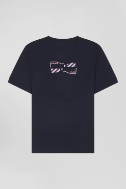 Regular navy short-sleeved cotton T-shirt with back emblem embroidery