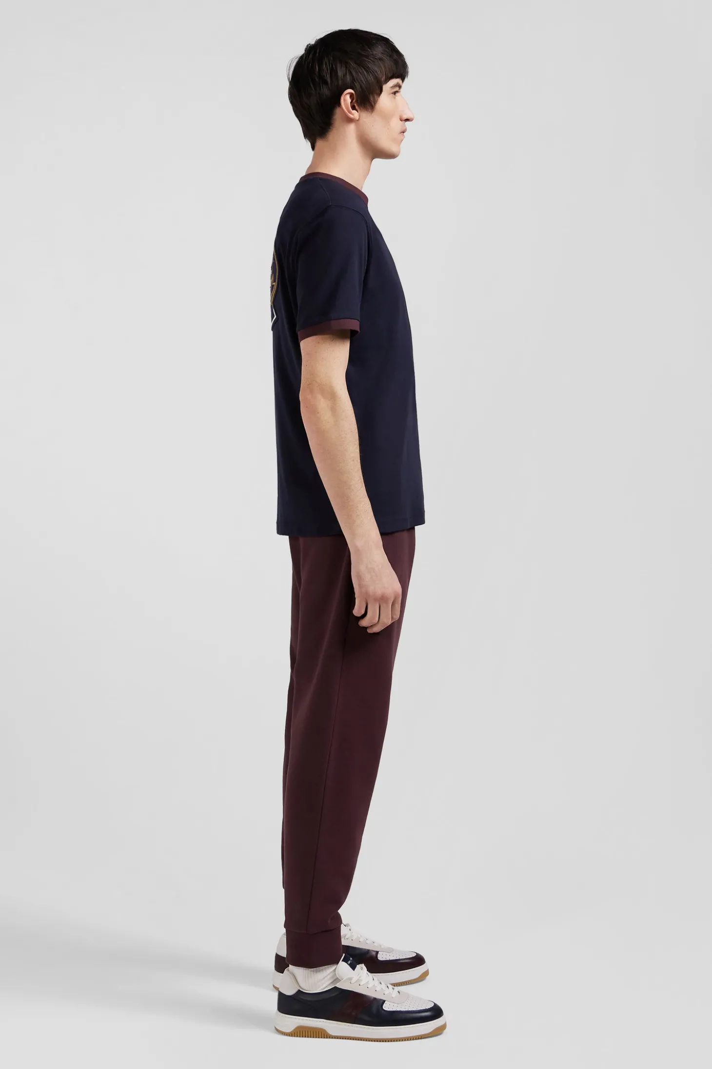 Regular navy short-sleeved cotton T-shirt with back embroidery