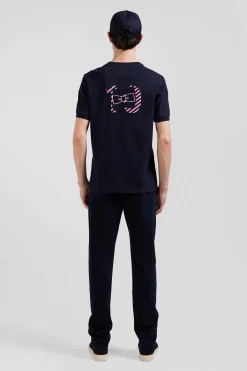 Regular navy short-sleeved cotton T-shirt with striped embroidery