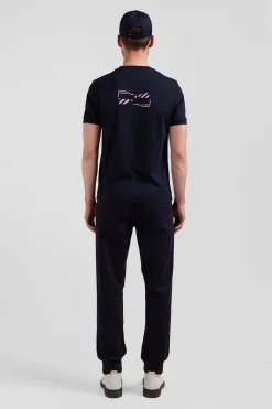 Regular navy short-sleeved cotton T-shirt with back emblem embroidery