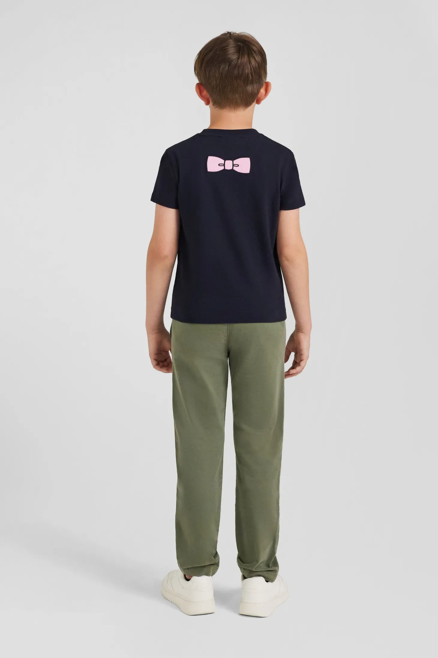 Regular navy short-sleeved cotton T-shirt with bow tie embroidery