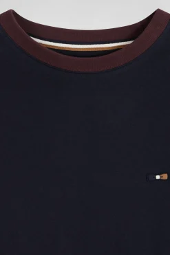 Regular navy short-sleeved cotton T-shirt with back embroidery