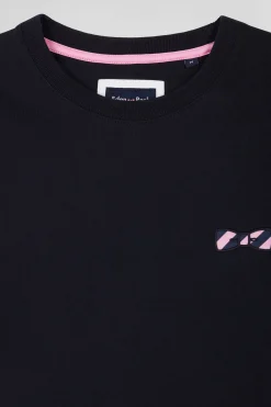 Regular navy short-sleeved cotton T-shirt with striped embroidery