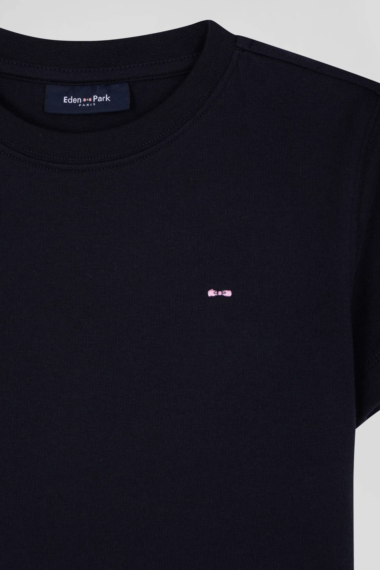 Regular navy short-sleeved cotton T-shirt with bow tie embroidery