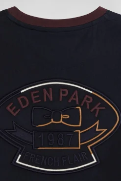 Regular navy short-sleeved cotton T-shirt with back embroidery