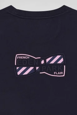 Regular navy short-sleeved cotton T-shirt with back emblem embroidery