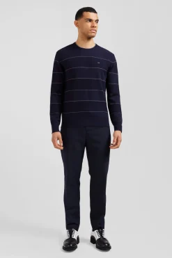 Regular navy striped cotton and cashmere crew neck jumper