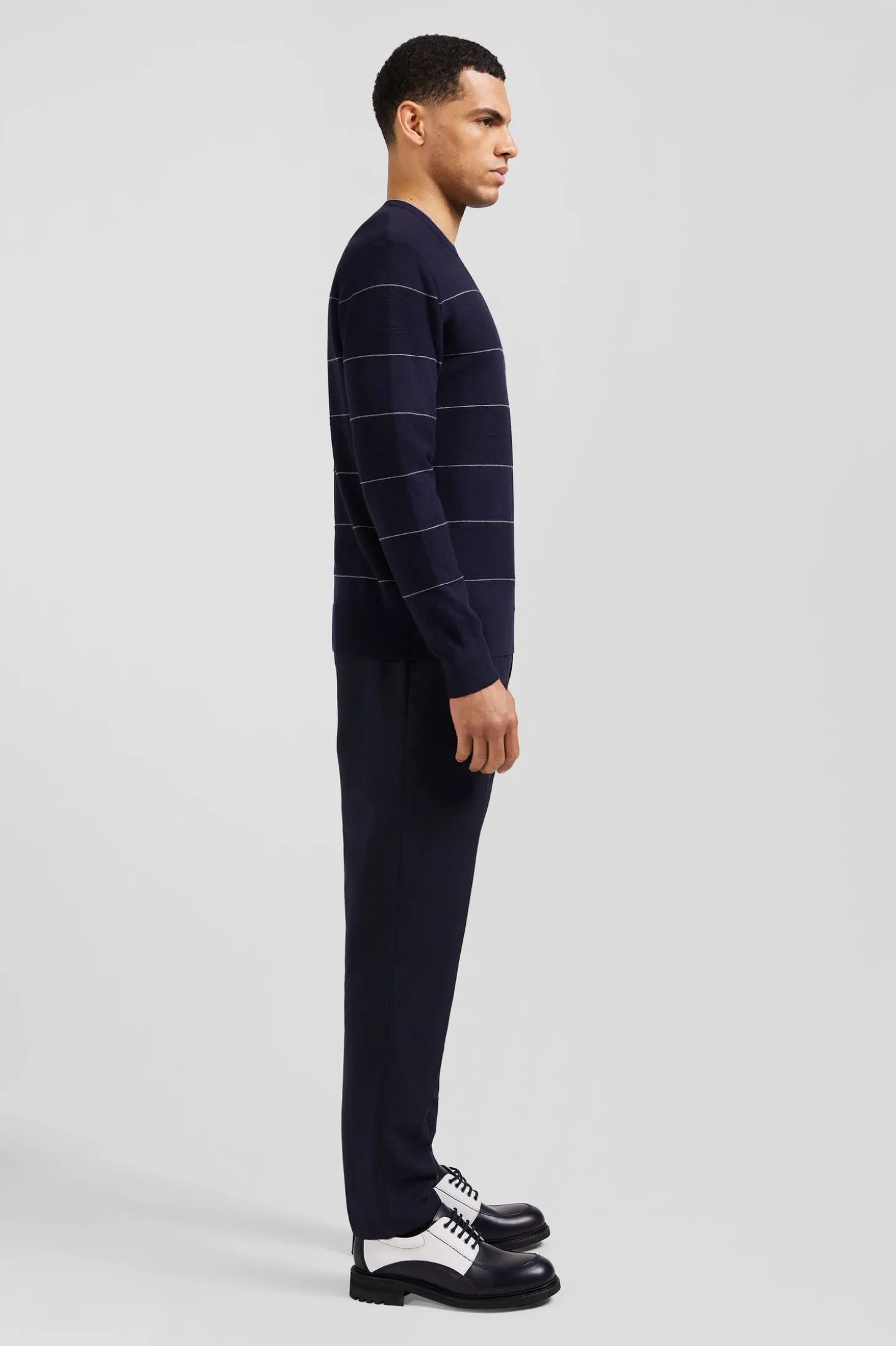 Regular navy striped cotton and cashmere crew neck jumper