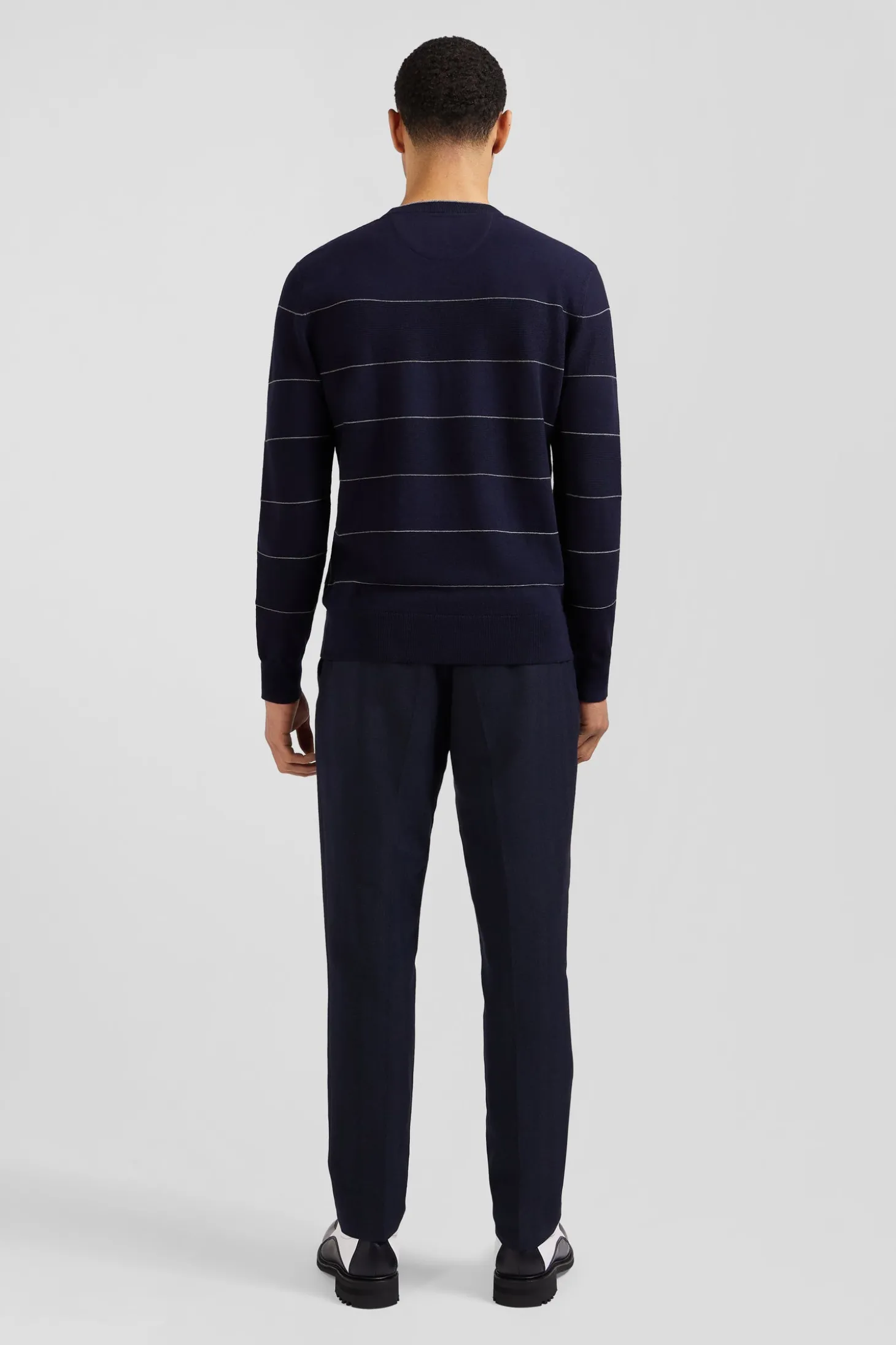 Regular navy striped cotton and cashmere crew neck jumper