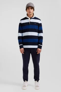Regular navy striped long-sleeved cotton rugby shirt