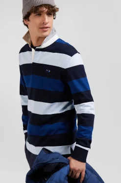 Regular navy striped long-sleeved cotton rugby shirt